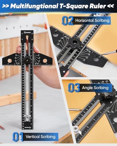Saker Aluminum Alloy Multi-Angle Marking Ruler,Adjustable Sliding T-Square with Scriber & Protractor,Precision Layout Tool for Woodworking, Carpentry & Design (Black)