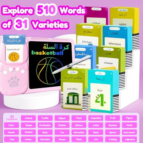 Writing Tablet with Bilingual Flash Cards for Kids, Arabic, Pink