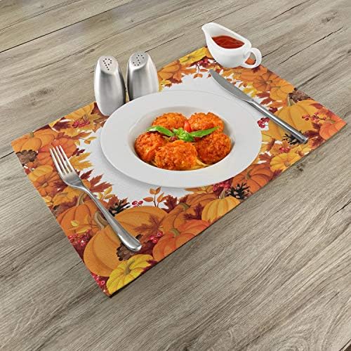 Lunarable Thanksgiving Place Mats Set of 4, Cartoon Style Circular Frame with Orange Pumpkin and Dry Leaves, Washable Fabric Placemats for Dining Table, Standard Size, Dark Orange
