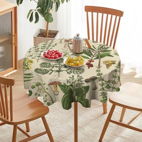 Vintage Botanical Tablecloth, Antique 1900s Mushroom Boho Wildflower Green Herbs Ferns Farmhouse Table Cover for Party Picnic Dinner Decor, 70x70in