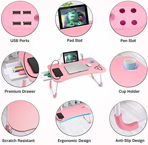 Slendor Bed Desk for Laptop and Writing with Storage, Cup Holder, Light