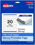 Avery® Printable Square Tags, Sure Feed® Technology, 1-1/2" x 1-1/2", Glossy White Cardstock, Print-To-The-Edge, Laser/Inkjet Printable, 200 Total, Great for Custom Gift or Branding Tags