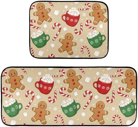 Christmas Gingerbread Man Kitchen Mat Set of 2 Winter Cane Candy Kitchen Rugs 2 Piece Floor Mats Washable Non Slip Rug for Indoor Bedroom Living Room Bathroom Home Decor