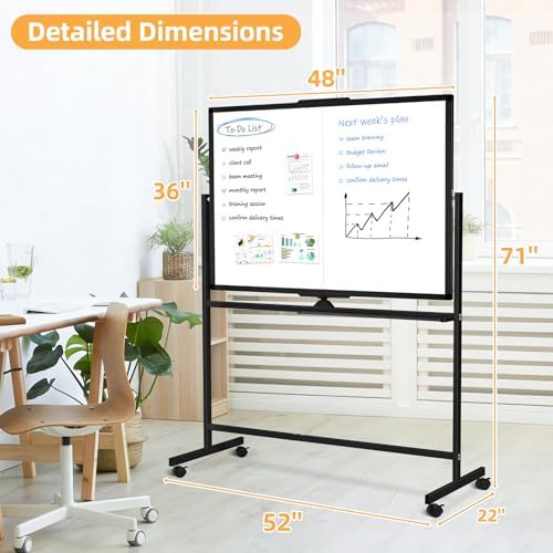 Rolling Dry Erase Whiteboard Stand, 48" x 36" White Board on Wheels Black