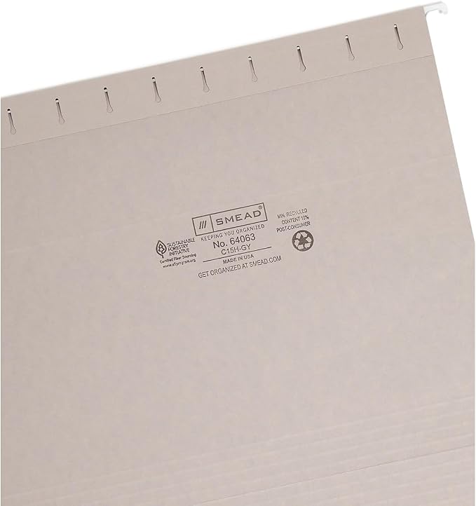 Smead Colored Hanging File Folder with Tab, 1/5-Cut Adjustable Tab, Letter Size, Gray, 25 per Box (64063) (Pack of 1)