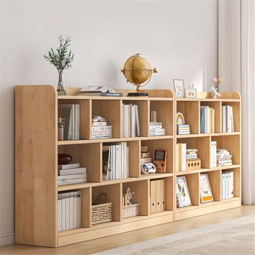 Unfinished Color Pine Book Rack 2/3/4-Tier Storage Solid Wood Cabinet, Pine Wood Storage Shelving Unit 8-Compartment Square Grid Cabinet Low Bookshelf Natural Finish 63" L x 9.4" W x 47.2" H