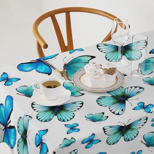 Blue Butterfly Tablecloth, Cute Animal Green Teal Butterfly Fantasy Wings Print Table Cover for Home Kitchen Outdoor Party Picnic Wedding Decor 55x75in