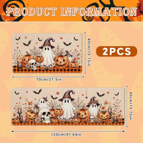 Halloween Kitchen Mats Set of 2, Pumpkin Ghost Skull Kitchen Rugs