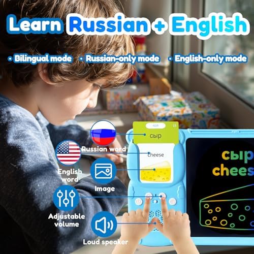 Writing Tablet with Bilingual Flash Cards for Kid, Russian, Blue