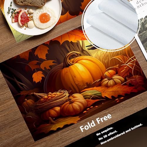 Batmerry Happy Thanksgiving Day Linen Placemats Set of 4, Pumpkin Harvest Turkey Rice Fields Washable Table Mats for Kitchen Table Thickened Heat Insulation Dining Set Indoor Outdoor 12X18 in