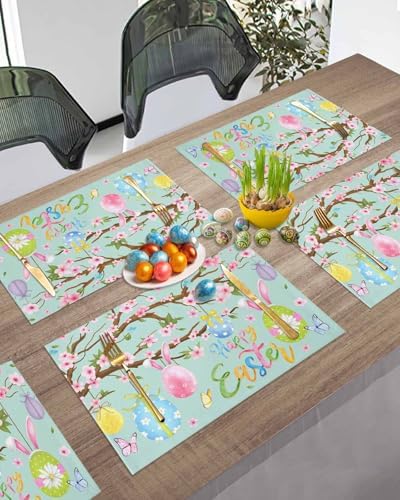 Happy Easter Placemats Set of 6, Spring Floral Bunny Rabbit Ear Eggs Heat Resistant Dining Table Mats Holiday Farmhouse Decor for Kitchen&Linens Outdoor Indoor, Pink Flower Branch Green Leaves