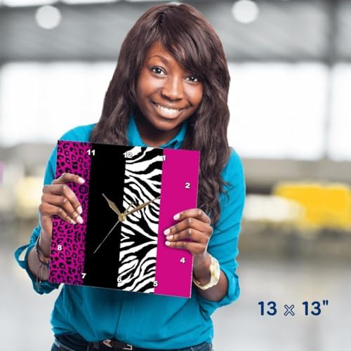 3dRose DPP_35436_2 Pink Black and White Animal Print-Leopard and Zebra-Wall Clock, 13 by 13-Inch