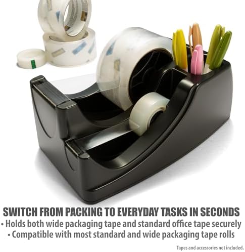 Officemate 2-in-1 Heavy Duty Tape Dispenser - Fits 1 Inch and 3-Inch Cores, Weighted 5.5 lb Base for Stability, Holds Packing and Standard Tape, Storage Compartment for Office Supplies, Black