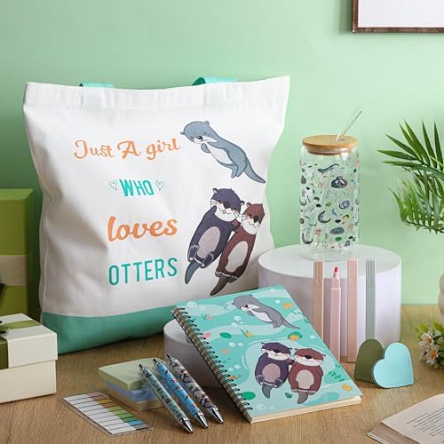Back to School Stationery Sea Otter Birthday Gift Set 16 oz Party Favors Glass Cup Canvas Bag A5 Journal Notebook Ballpoint Pens Leather Bookmarks Sticky Notes Highlighters for Otter Lovers