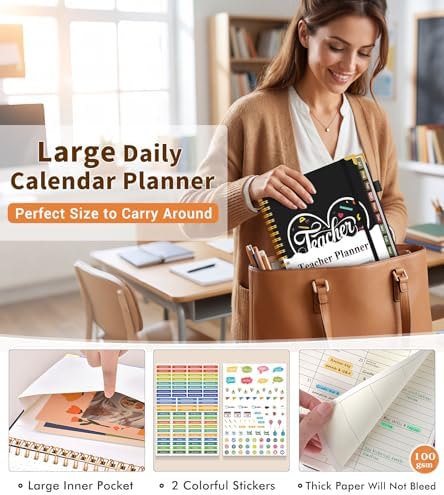 Teacher Planner 2026-2027, July 2026 - June 2027, Academic Weekly & Monthly Calendar Planner with Tabs, 8.5" x 11" A4 Teacher Lesson Plan Book with 7 Periods, Daily Agenda School Organizer for Teacher Student Homeschool, Black Background Pattern