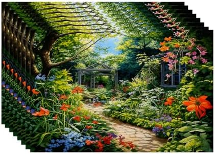 Batmerry Beautiful Garden Lush Plants Linen Placemats Set of 8, Serene Garden Scene Washable Table Mats for Kitchen Table Thickened Heat Insulation Dining Set Indoor Outdoor 12X18 in