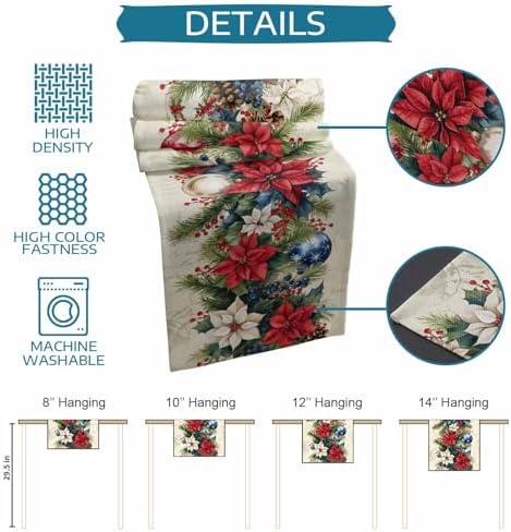 Christmas Poinsettia Table Runner Dresser Scarf 13 x 72 Inch Red Flower Holly Berries Xmas Ball Beige Table Runners Non-Slip Heat Resistant Kitchen Dining Table Decor for Home Holidays Indoor Outdoor