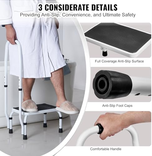 VEVOR Step Stool 1-Step 330lbs Capacity, 3 Adjustable Height with Handle Steel Step Ladder, Portable Toddler Step Stools for Adults, Non-Slip Sturdy Step Ladders for Office, RVs, Pets