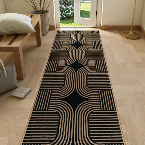 Lahome Modern Geometric Black Runner Rug, 2x8 Indoor Outdoor Hallway Runner