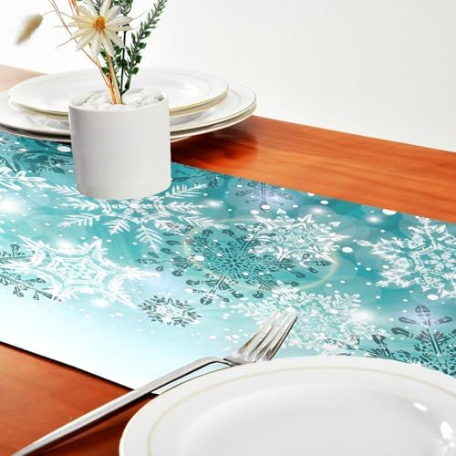 Double-Sided Silver Winter Teal Turquoise Snowflakes Christmas Table Runner 14x108 Inches Long,Table Cloth Runner for Wedding Birthday Party Kitchen Dining Home Everyday Decor