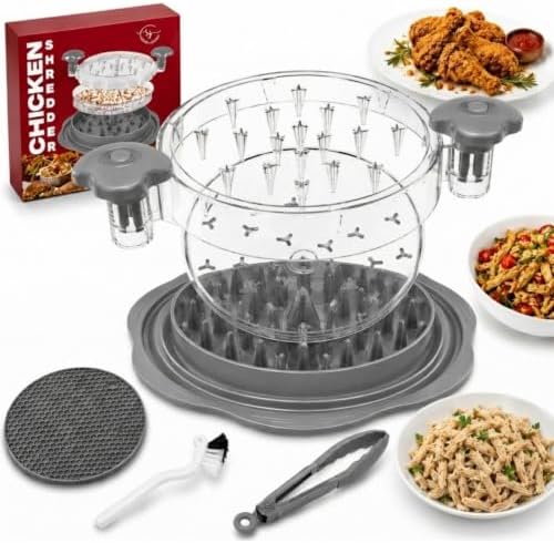 Premium Large Chicken Shredder Tool with Suction Base 2026 – Twist Meat Shredder with Ergonomic Handle & Anti-Slip Grip – Transparent Lid for Easy Shredding Chicken & Beef (Light Grey)