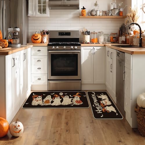 Artoid Mode Ghost Bat Black Halloween Kitchen Mats Set of 2-24x35+24x59