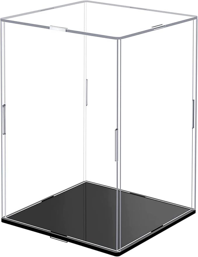 Clear Acrylic Display Case,Self-Assembly Display Box with Black Acrylic Base,Countertop Box Cube Organizer Stand Riser Dustproof Protection Showcase for Figures Toys Collectibles(9.8x9.8x15.7 inch)
