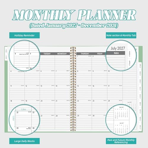 2027-2031 Monthly Planner, 5 Year Monthly Planner/Calendar 2027-2031, 60-Month Jan 2027 – Dec 2031, 9" x 11", Tabs, Double-Side Pocket, Holidays, Thick Paper - Green