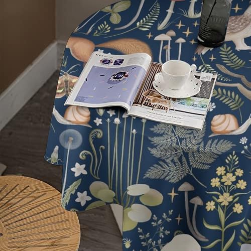 Fairy Forest Tablecloth, Retro Dark Blue Woodland Wildlife Owl Squirrel Print Rustic Flowers Mushrooms Table Cloth for Outdoor Picnic Home Dining Kitchen Table Decor, 70x70in
