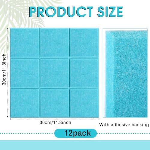 Honoson 12 Pack Felt Bulletin Board Tiles with Safe Adhesive, Blue