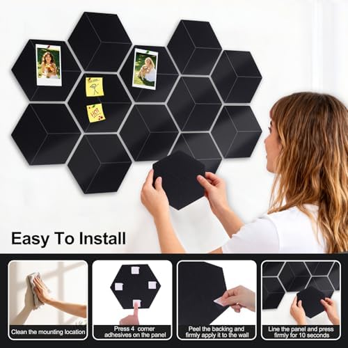 12-Pack Hexagon Cork Board Alternative for Walls Decor, 38.2" x 38.2" Large Felt Bulletin Board, with Pushpins, Damage-Free Adhesives, Thick Pin Board for Office, Home (Black)
