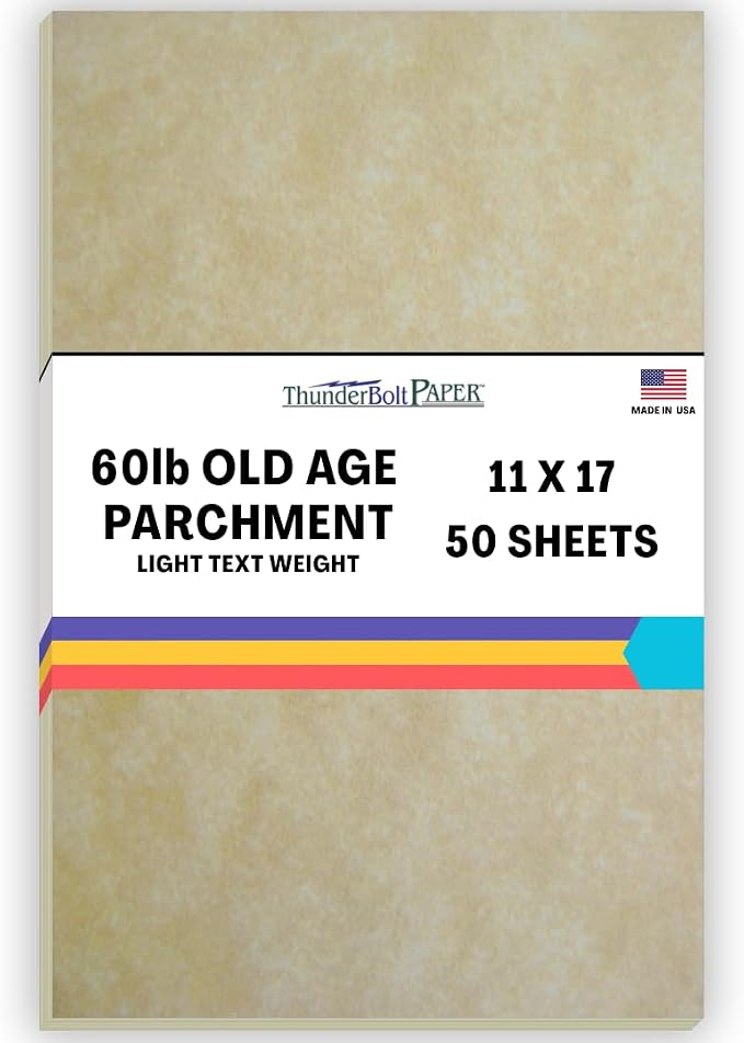 50 Aged Parchment 60# Text (=24# Bond) Paper Sheets - 11" X 17" (11X17 Inches) Tabloid | Ledger | Booklet Size - Vintage Colored Old Parchment Semblance