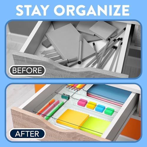 Drawer Organizer Set - Includes 3-piece 9x6 bins, 6-piece 9x3 bins, 8-piece 6x3 Bins, 8-piece 3x3 Bins, Stackable 4 Size Storage Trays for Makeup, Kitchen, and Office, 25 Pack