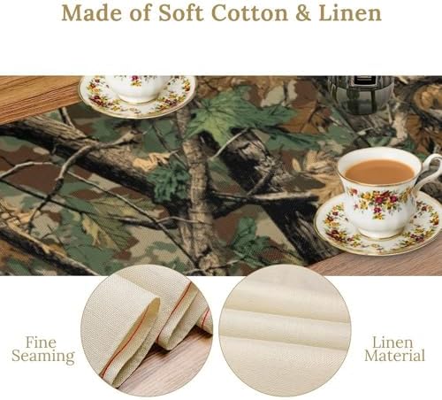 Forest Camouflage Table Runner, Camo Conifer Oak Branches Leaves Military Mossy Lodge Country Camp Cabin Theme Dinner Table Runner for Home Kitchen Dining Table Decoration 13"x60"
