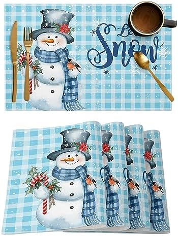 Snowman Christmas Placemats Set of 6, Let It Snow Winter Holiday Heat Resistant Washable Table Place Mats Blue White Buffalo Plaid Table Linens Party Holiday Decor for Kitchen Dining Outdoor Indoor