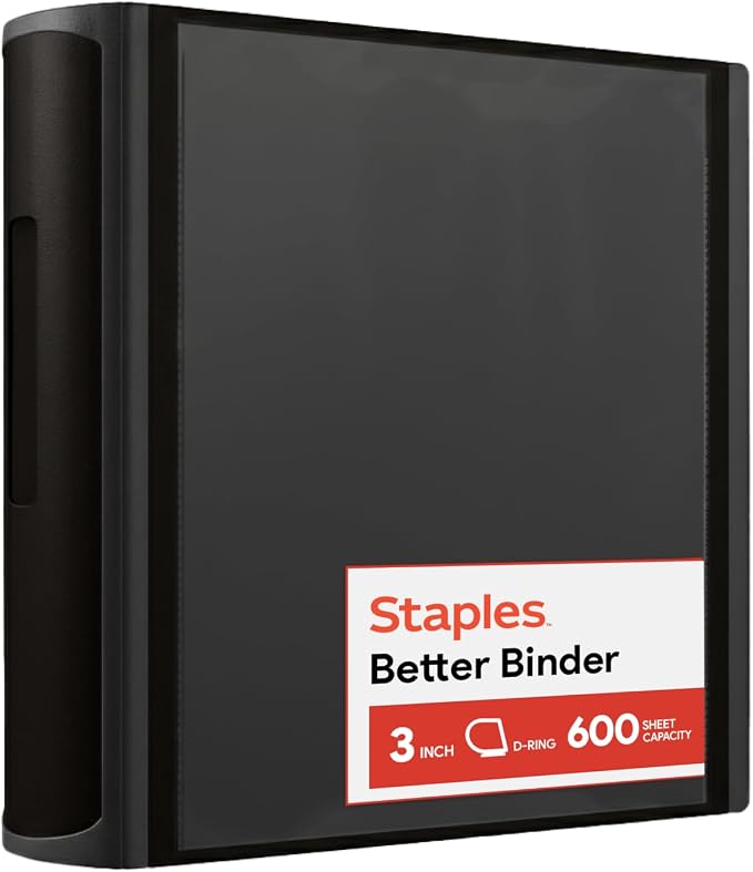 Staples Better 3-Inch D-Ring Binder, Black, Heavy-Duty, Large Capacity | Durable 3-ring binder for school and office document storage and organization.