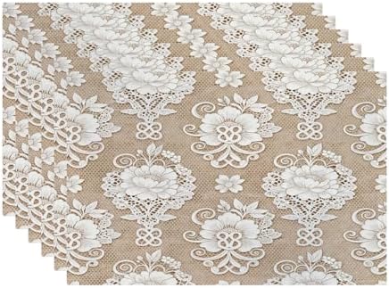 Batmerry Floral Placemats, Template White Lace Background Washable Linen Table Mats for Kitchen Table Double Insulation Decor Dining Set Indoor Outdoor 12X18 in Set of 6