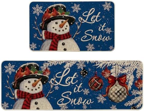 Artoid Mode Blue Let It Snow Snowflake Snowman Winter Kitchen Mats Set of 2, Christmas Decor Low-Profile Kitchen Rugs for Floor - 17x29 and 17x47 Inch