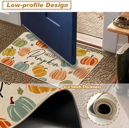 Baccessor Fall Kitchen Rugs Set of 2, Colorful Pumpkins Kitchen Mats for Floor Washable Low-Profile Farmhouse Autumn Holiday Home Indoor Outdoor Decor 17x29 and 17x47 Inch