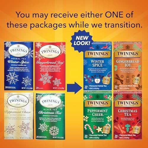 Twinings Holiday Variety Pack Tea Bags, Christmas Tea, Winter Spice, Gingerbread Joy, Peppermint Cheer, 20 Count (Pack of 4), Enjoy Hot or Iced, 80 Teabags