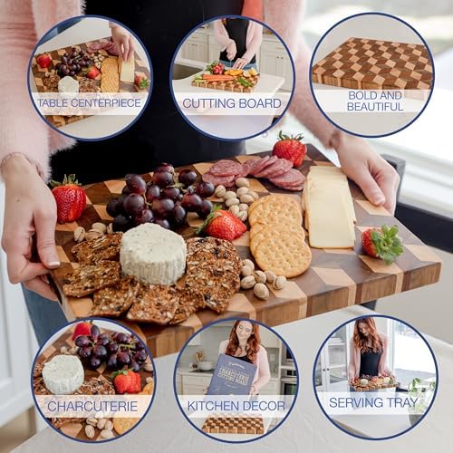 Handcrafted 3-D Checkered Acacia Wood Cutting Board - Reversible End Grain Large Butcher Block Cutting Board Serving Tray for Prep & Presentation - Multipurpose Wooden Charcuterie Board with Handles