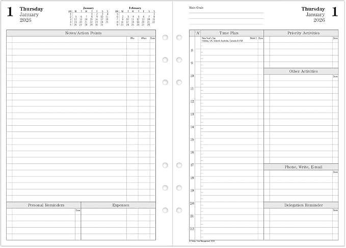 Filofax Calendar Diary Refill, A5 Size, One Day on Two Pages with Appointments, Time Management, White Paper, English, 2026 (CTM7031-26)