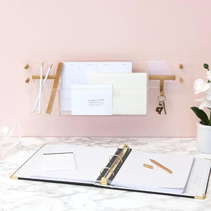 russell+hazel Acrylic Wall Rail with Gold Hardware, Clear, 24" | Mounts accessories along a sleek acrylic rail for wall organization. Clear with gold-toned hardware, doubles as decor.