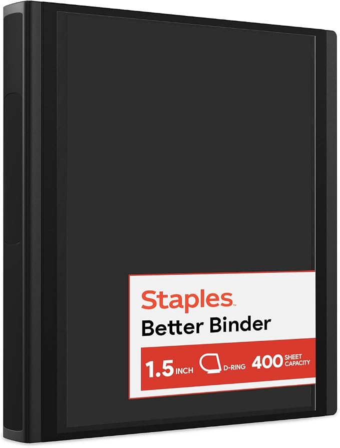 Staples Heavy-Duty 1.5-Inch D-Ring Binder, Black, Holds 400 Sheets | Large-capacity 3-ring binder for school and office document storage.