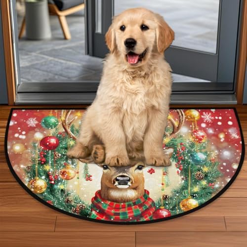 Christmas Snowflake Deer Half Round Door Mat, Non-Slip Welcome Indoor Entrance Way Rug Semi Circle Front Doormats Washable Bathroom Kitchen Floor Mat, Outdoor Rugs for Garage, Patio, Hearth Rug
