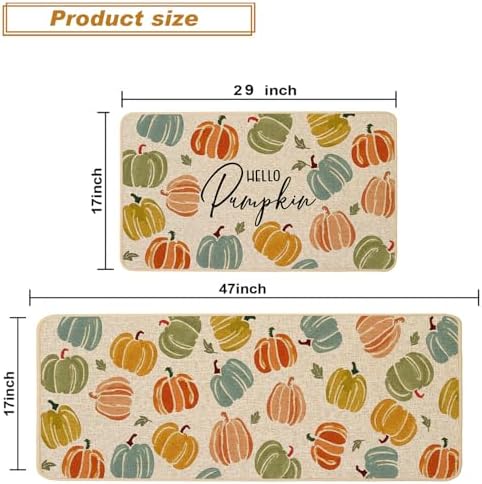 Baccessor Fall Kitchen Rugs Set of 2, Colorful Pumpkins Kitchen Mats for Floor Washable Low-Profile Farmhouse Autumn Holiday Home Indoor Outdoor Decor 17x29 and 17x47 Inch