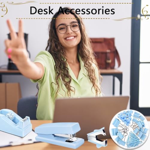 Office Supplies,Blue Desk Accessories,Stapler and Tape Dispenser Set with Stapler,Tape Dispenser,Staple Remover,Staples,Clips,Scissors and Tabs,Gift for Student,Teacher,Coworkers,Business,Gift 9pcs