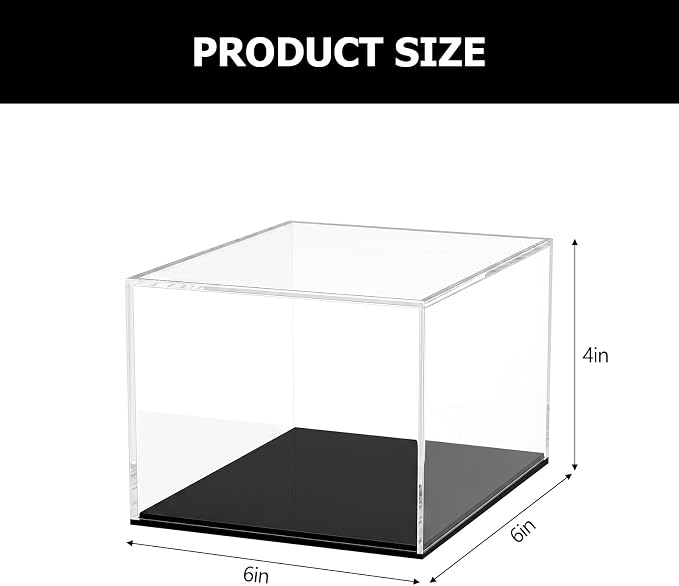 Fully Assembled Clear Acrylic Boxes with Black Base 6x6x4 Inch | Clear Cube Dustproof Acrylic Display Box for Collectibles, Countertop Storage Box Cube Organizer Stand Riser for Display