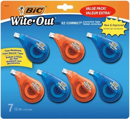 BIC White Out Tape - Clear Dispenser EZ Correct - 39.3 Feet Each - 7 Pack | Tear Resistant Correction Tape