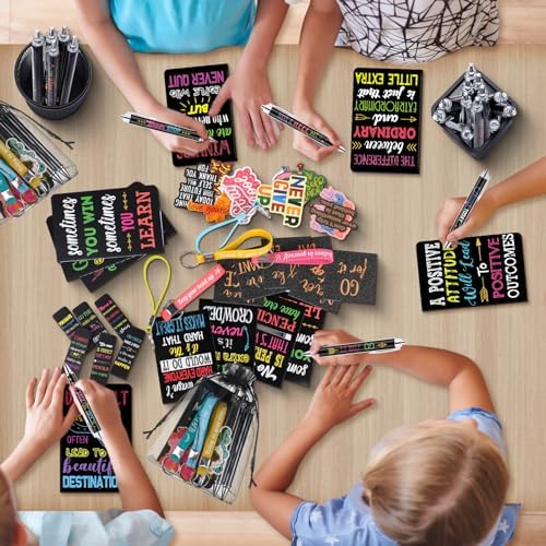 Pasimy 218 Pcs Inspirational Stationery Gifts Motivational Mini Notepad Pen Quote Bookmarks Stress Relief Stickers Inspiring Silicone Keychains for Home Office Appreciation Gift(Dark)